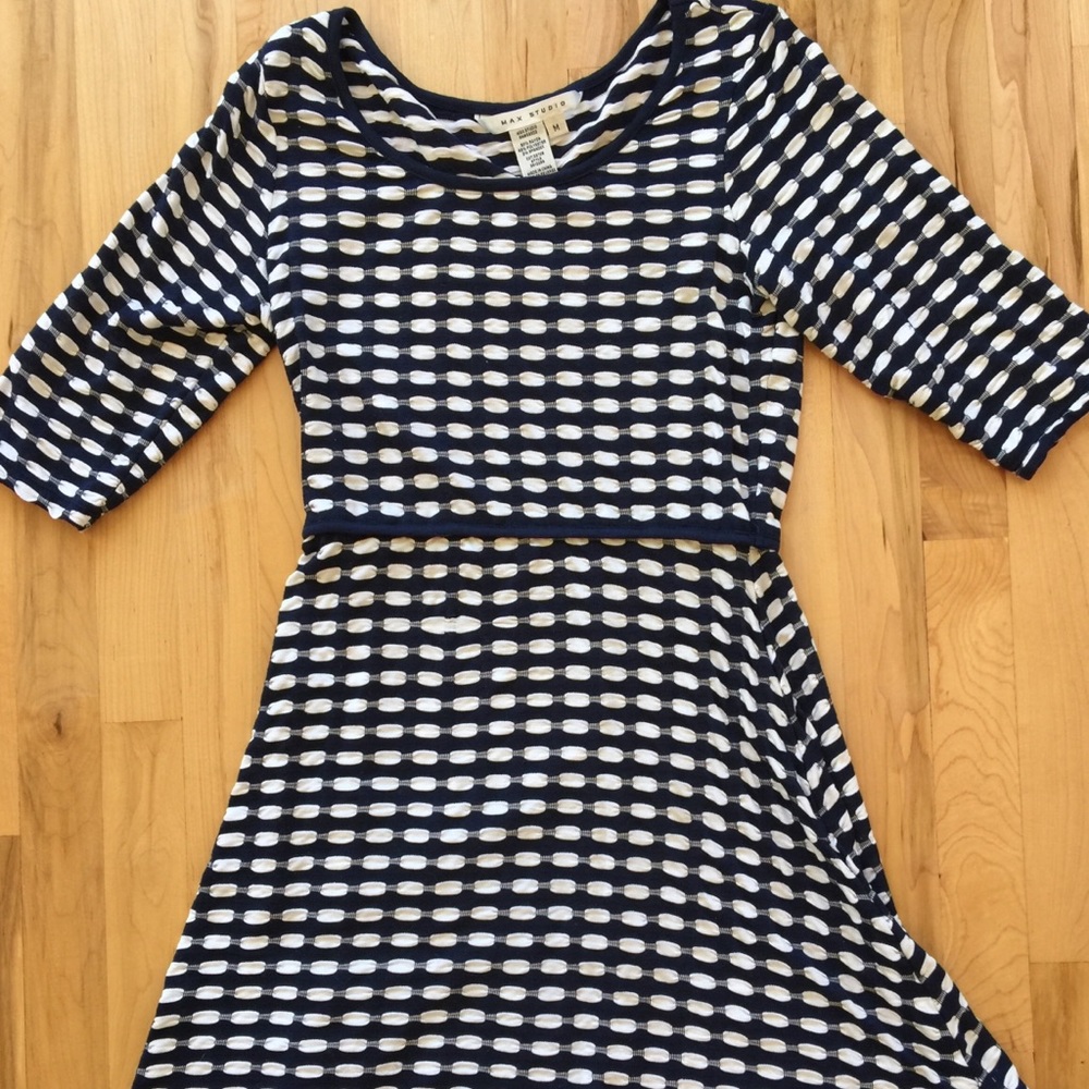 Blue and white fit and flare dress